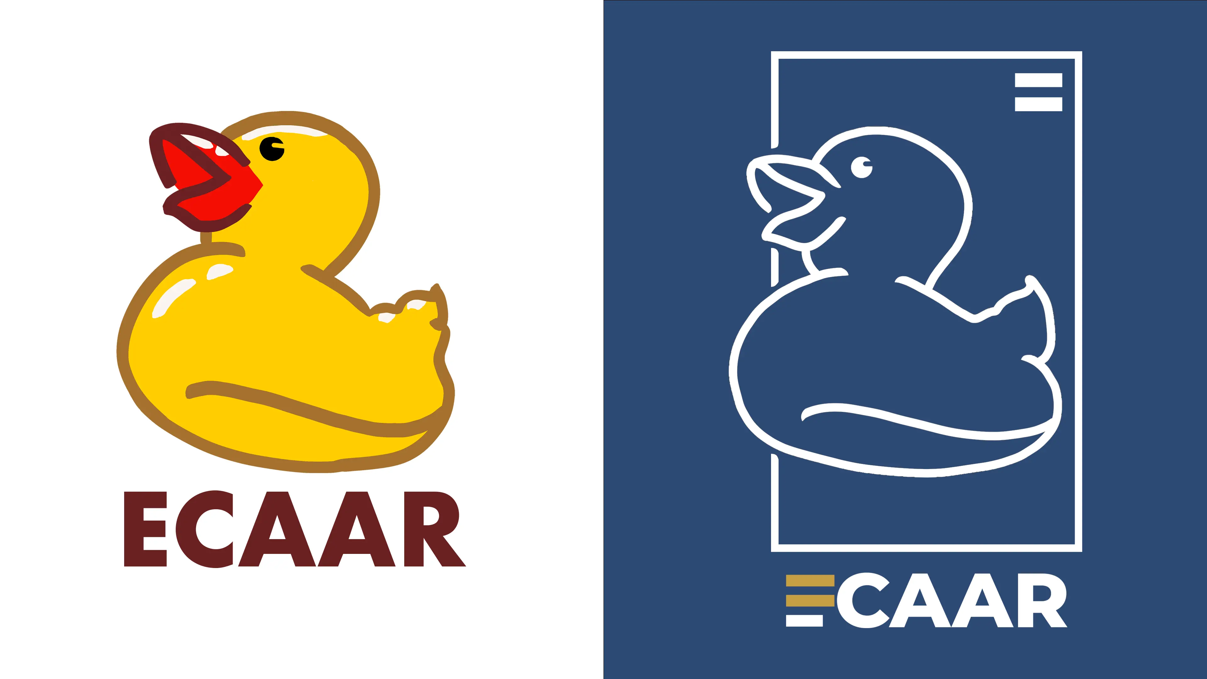 Illustrated rubber duck logo on left, dark-mode primary logo on right.